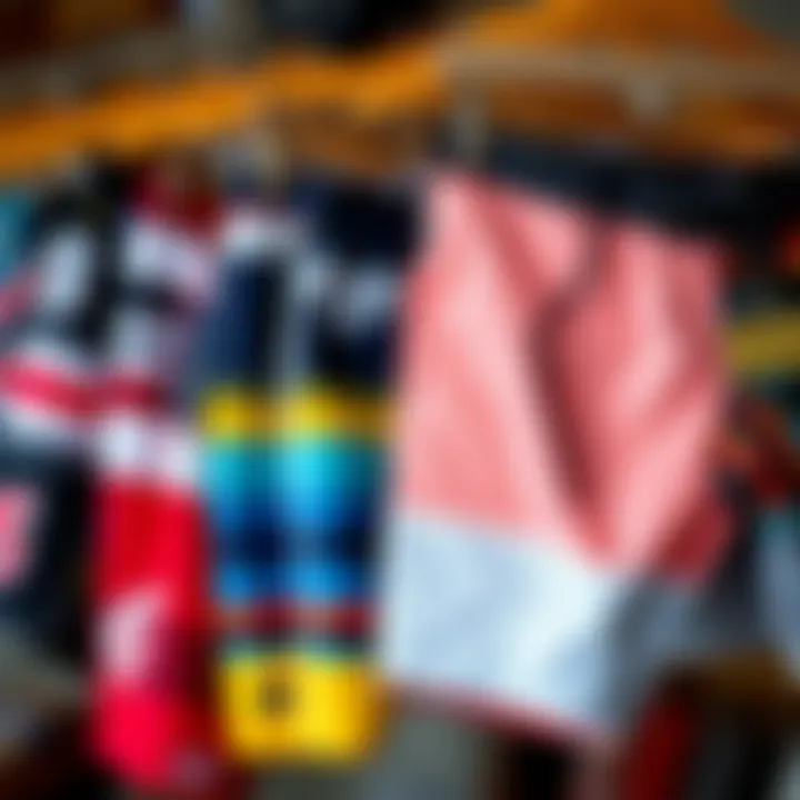 Different styles of board shorts displayed together