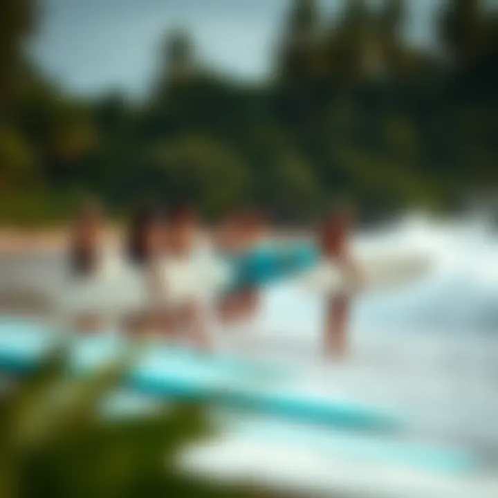 Training Session on the Beach A group of surfers attending a training session on the beach, surrounded by lush tropical scenery