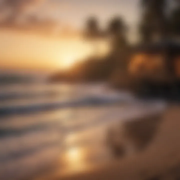 A community gathering at a surf shack during sunset