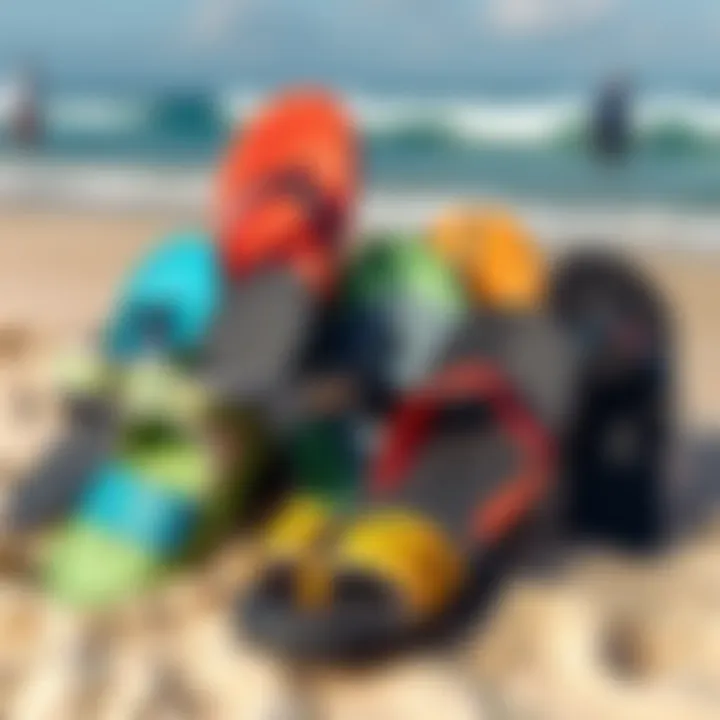Diverse Surf Style Sandals Collection A vibrant collection of surf style sandals displayed on a sandy beach.