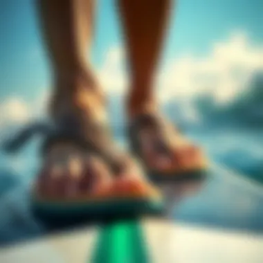 Surfer Feet in Fashionable Footwear Close-up of a surfer's feet wearing stylish sandals on a surfboard.
