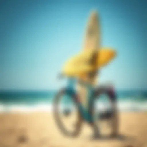 A bicycle equipped with a surfboard holder on a sunny beach