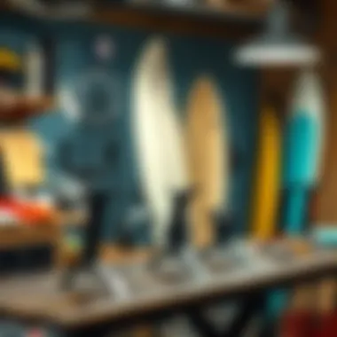 Different types of surfboard holders displayed on a workshop table