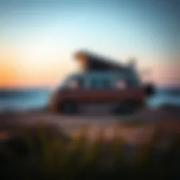 A surfer camper van parked at a scenic beach
