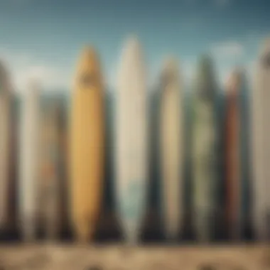Close-up of different types of surfboards lined up against the beach