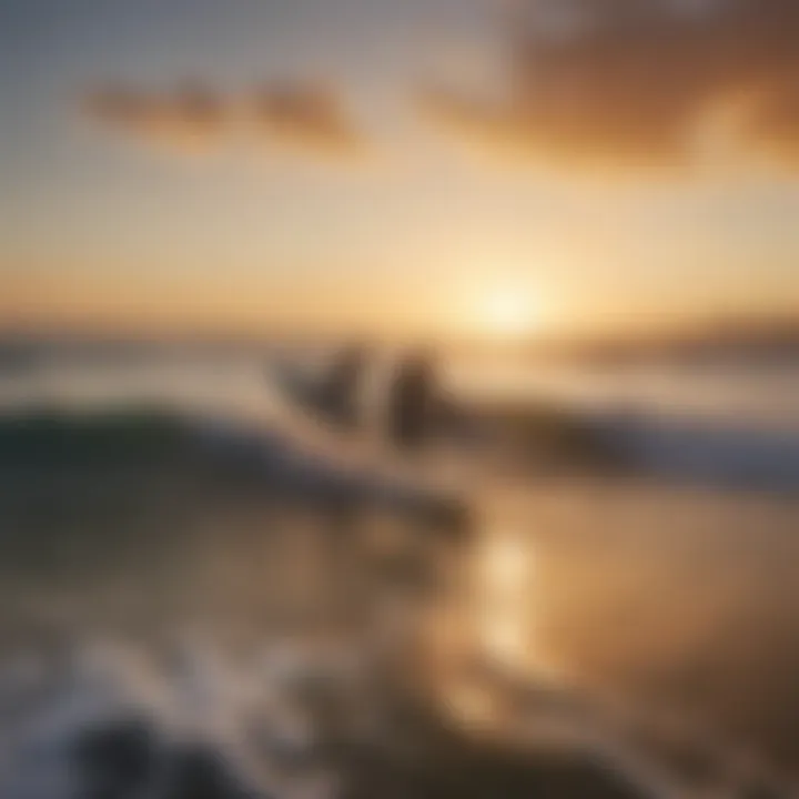 Surfers riding the waves at sunset in Tel Aviv