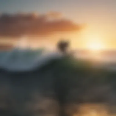 Surfers riding the waves at sunset