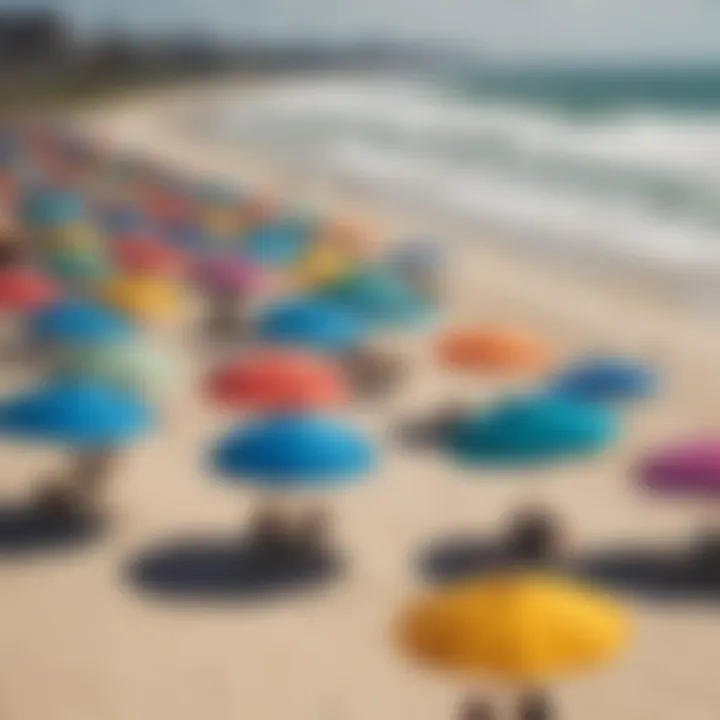 Colorful beach umbrellas lined along the shore