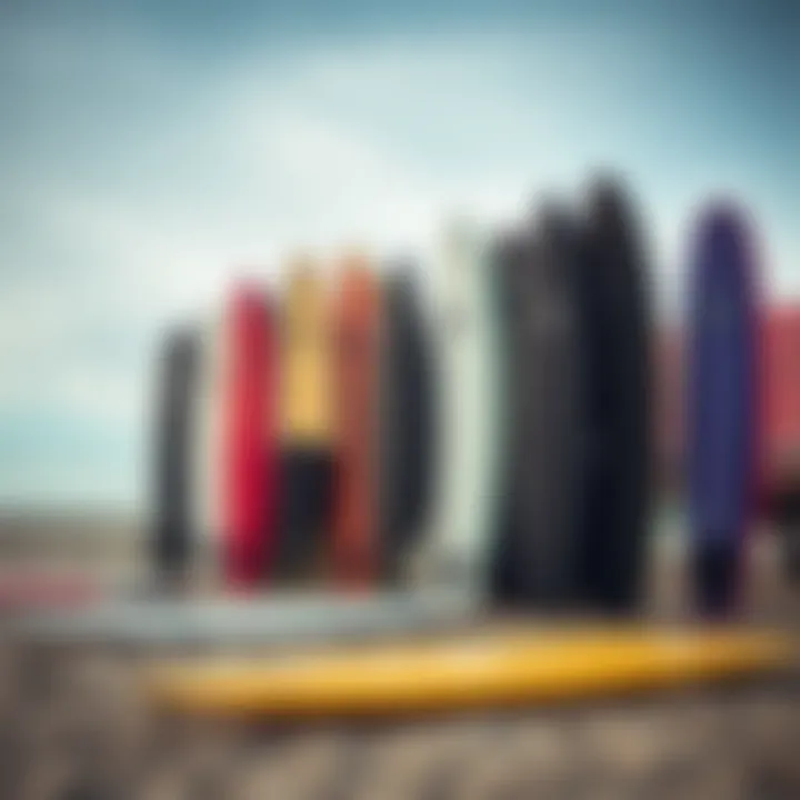 Diverse range of Surftech Tuflite surfboards displayed on the beach