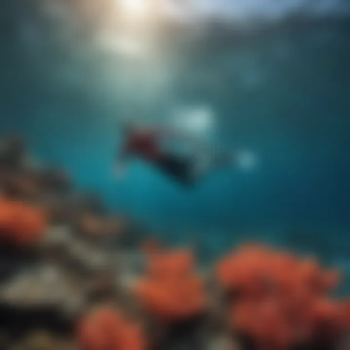 Swimmer using fins while diving in vibrant coral reef