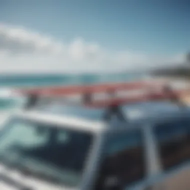 A close-up of a temporary roof rack installation on a vehicle