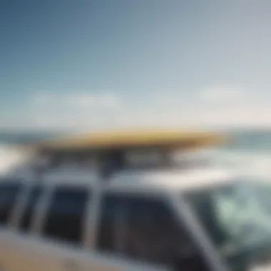 Surfboards securely mounted on a roof rack during a beach trip