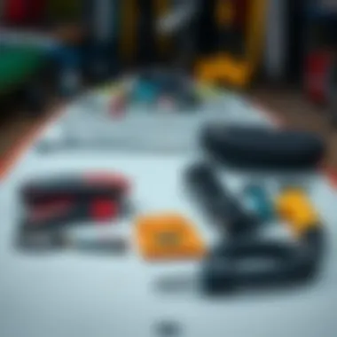 Maintenance Essentials for Your SUP Essential maintenance tools and gear laid out for the upkeep of a 12-foot SUP.