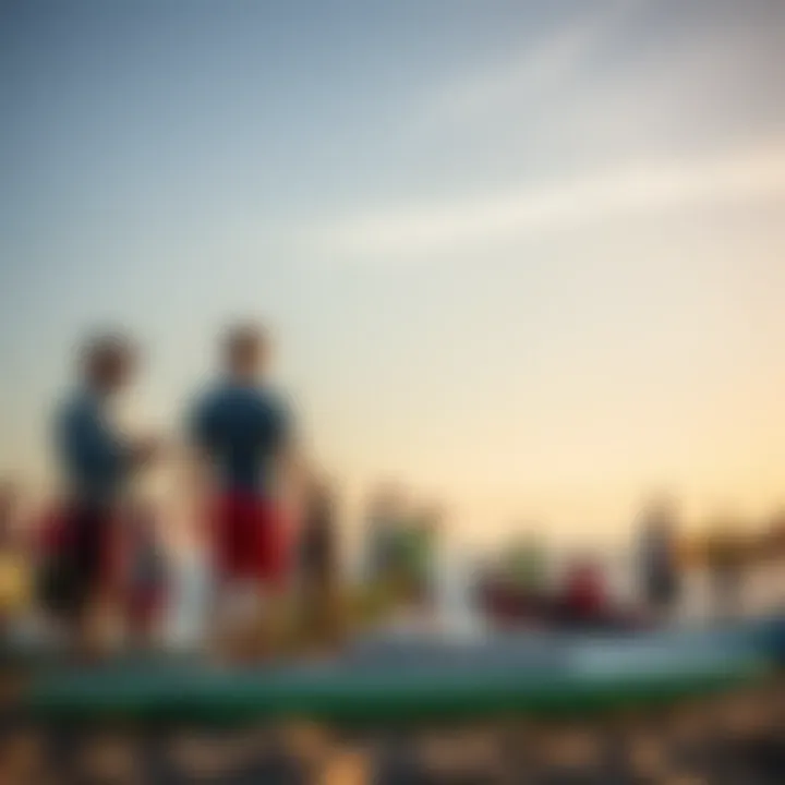 Engaging with the Surf Community A vibrant community of surf enthusiasts gathered around the beach, engaged in discussions about SUP culture.