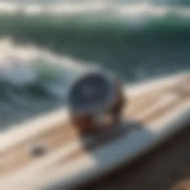 Stylish Analog Surf Watch on Surfboard A stylish analog surf watch resting on a surfboard.
