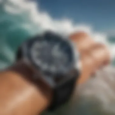 Close-up of watch features tailored for surfers.