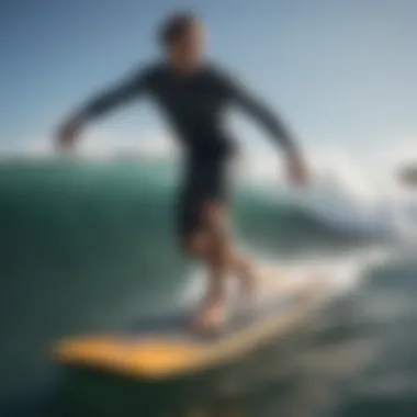 Surfer Riding a Wave on Morey Boogie Board An action shot of a surfer riding a wave on a Morey boogie board.