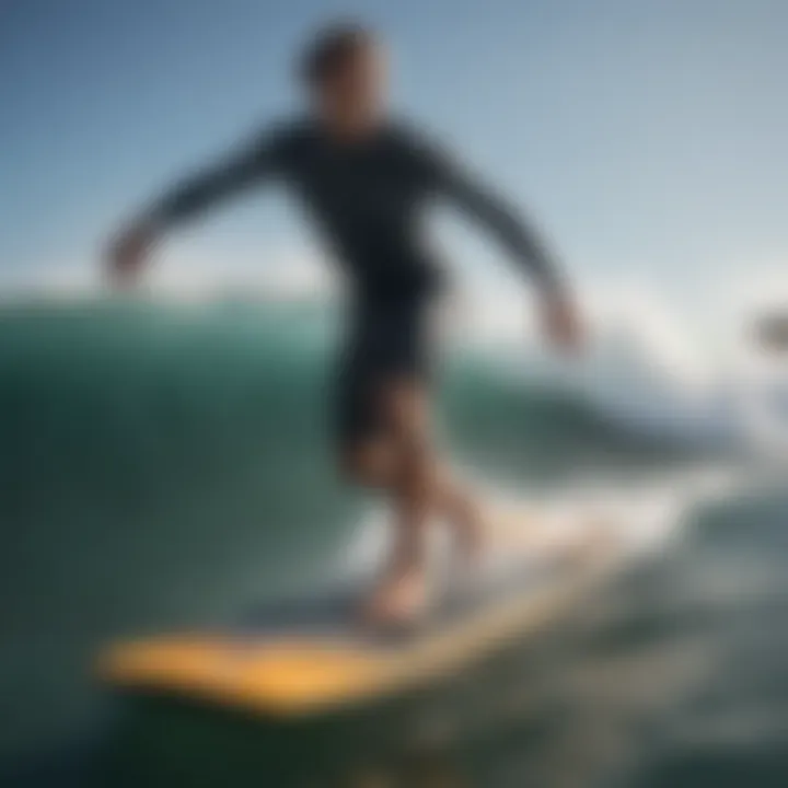 Surfer Riding a Wave on Morey Boogie Board An action shot of a surfer riding a wave on a Morey boogie board.