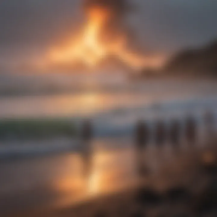 Surfers gathering around a bonfire after a day of surfing