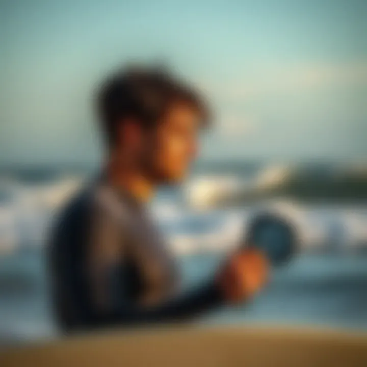 A surfer checking wind conditions on a beach