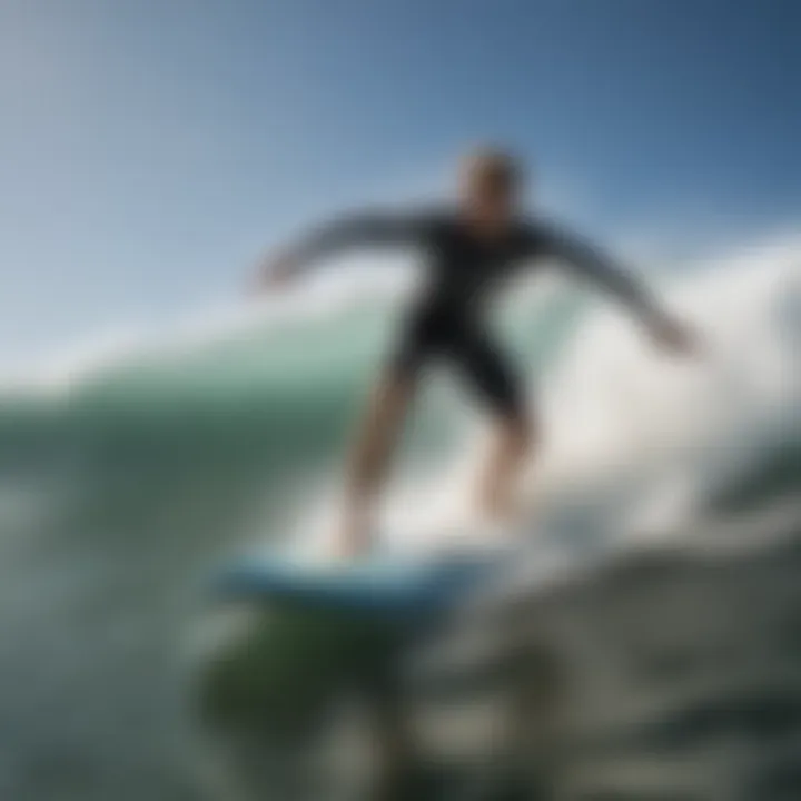 An action shot of a surfer riding a wave on a Billabong boogie board, capturing the thrill of the sport.