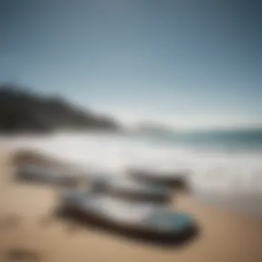 A scenic beach setting with multiple Billabong boogie boards lined up, highlighting their popularity.