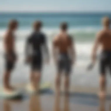 A group of surfers discussing and comparing their Billabong boogie boards on the beach.