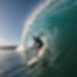 A surfer capturing a wave with a GoPro in their mouth