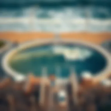 Aerial view of a state-of-the-art surf pool showcasing perfectly formed waves.