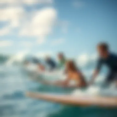 Diverse group practicing surfing techniques in a surf pool environment.