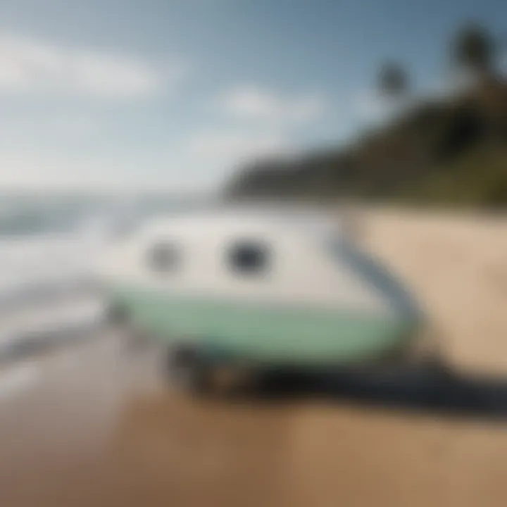 Stylish surfboard bike trailer parked on a scenic beach, highlighting aesthetic appeal.