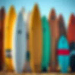 An array of surfboards showcasing different designs and colors