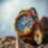 Tropical Patterns in Surf Watch Design A vibrant surf watch adorned with tropical patterns