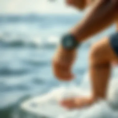 An adventurous surfer wearing a durable watch in action