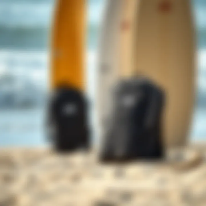 A sleek Cor Surf backpack resting on a sandy beach with surfboards in the background