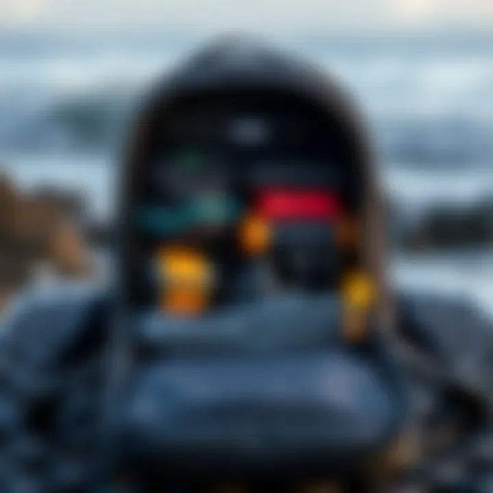 An open Cor Surf backpack displaying organized compartments filled with surf gear