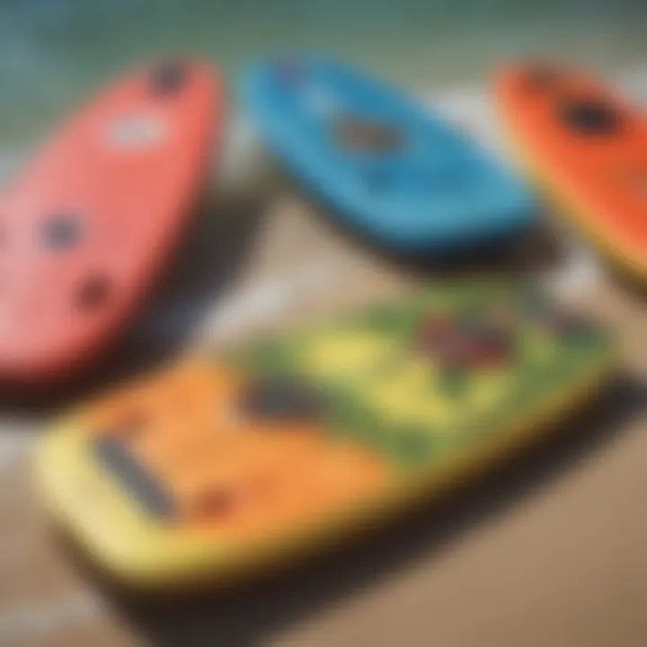 An assortment of hard slick boogie boards showcasing different designs and colors