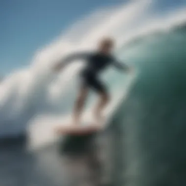 Dynamic action shot of a surfer riding a wave on a hard slick boogie board