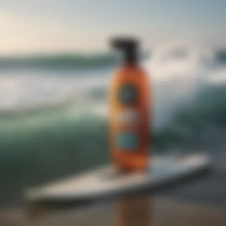 A bottle of Honest Multi-Surface Cleaner on a surfboard with ocean waves in the background