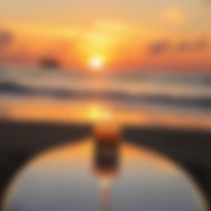 A serene beach sunset reflecting on a candlelit surfboard, symbolizing the connection between the two crafts.