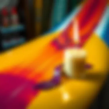 A close-up of a vibrant surfboard with freshly applied wax next to a candle in the shape of a surfboard.