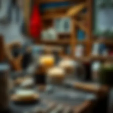 A creative workspace showcasing tools for both surfboard waxing and candle crafting.