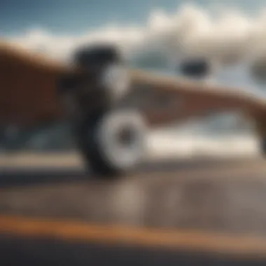 Close-up of skateboard deck and wheels showcasing gear essentials