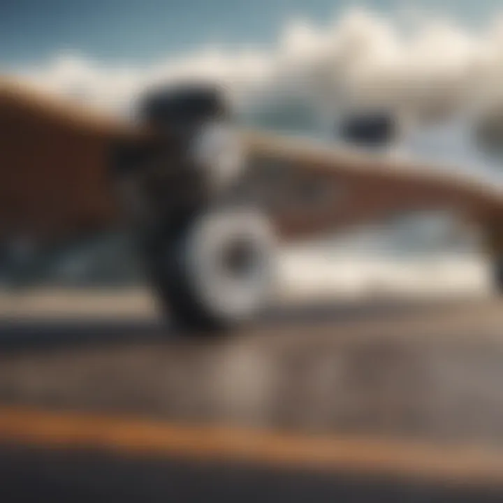 Close-up of skateboard deck and wheels showcasing gear essentials