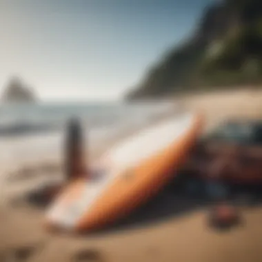 Sustainable surf gear displayed on a sandy beach