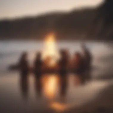 A group gathering around a beach bonfire