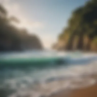 Serenity and Adventure: A Hidden Surfing Spot Stunning photograph of a secluded beach with surfers in the distance
