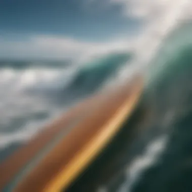 Craft and Canvas: A Surfboard Amidst the Waves Close-up of surfboard against vibrant ocean waves