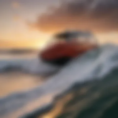 Stylish wakesurf boat anchored with a stunning sunset backdrop