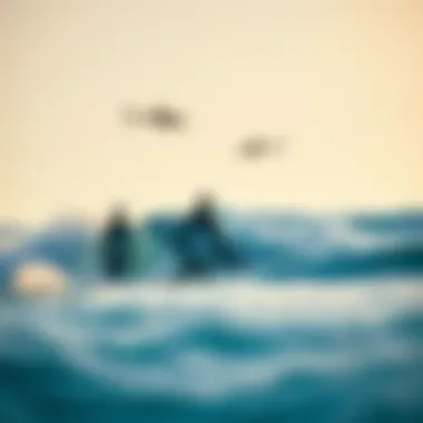 A serene coastal scene depicting surfers enjoying the waves, with a faint outline of sharks in the distance.